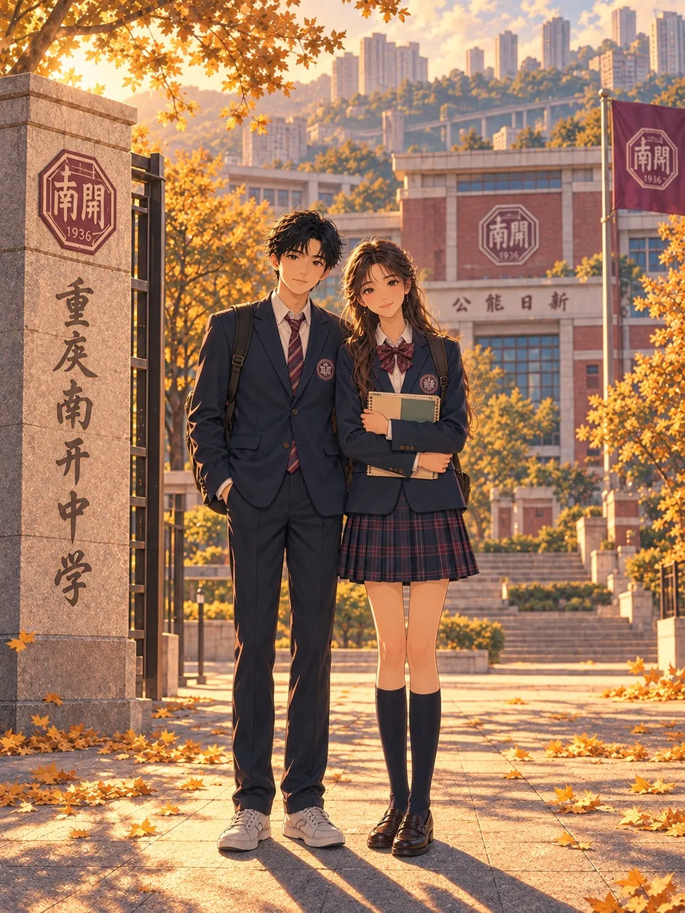 小鱼和乖乖在重庆南开中学的合影插画