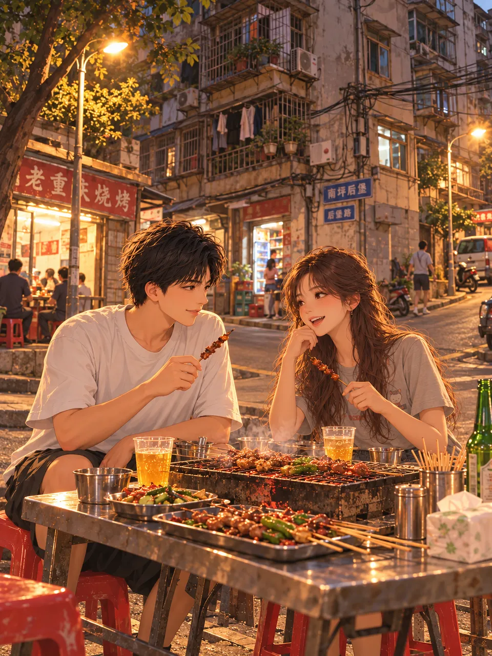 小鱼和乖乖在重庆南坪后堡老居民区楼下十字路口的烧烤摊吃烤串插画