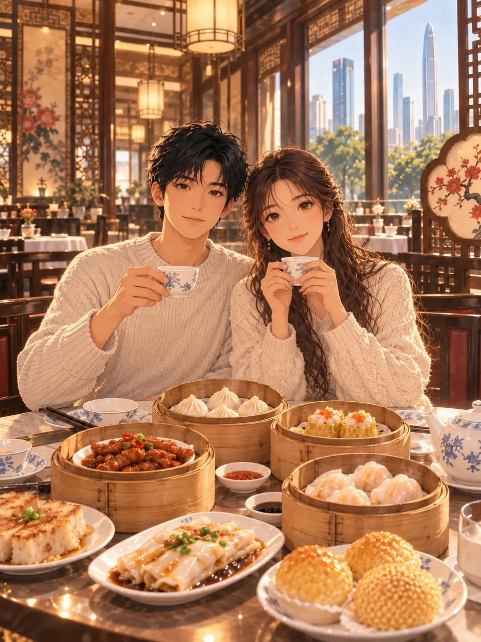 小鱼和乖乖在深圳点都德吃早茶的合影插画
