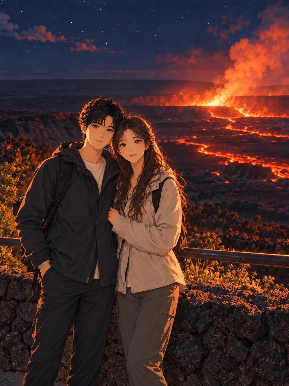 小鱼和乖乖在Big Island观景点看火山熔岩的合影插画