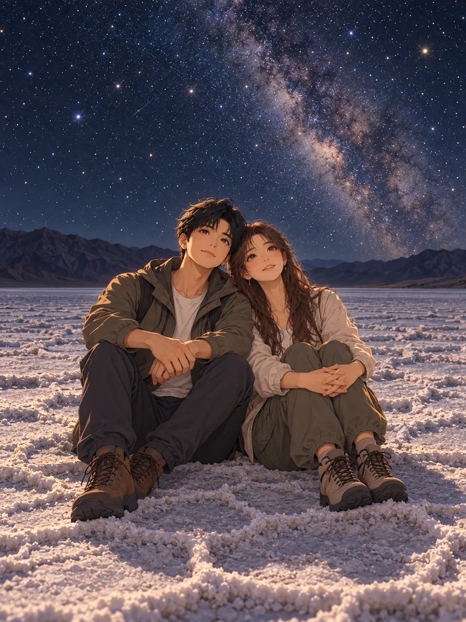 小鱼和乖乖坐在死亡谷 Badwater Basin 盐滩上仰望星空的插画