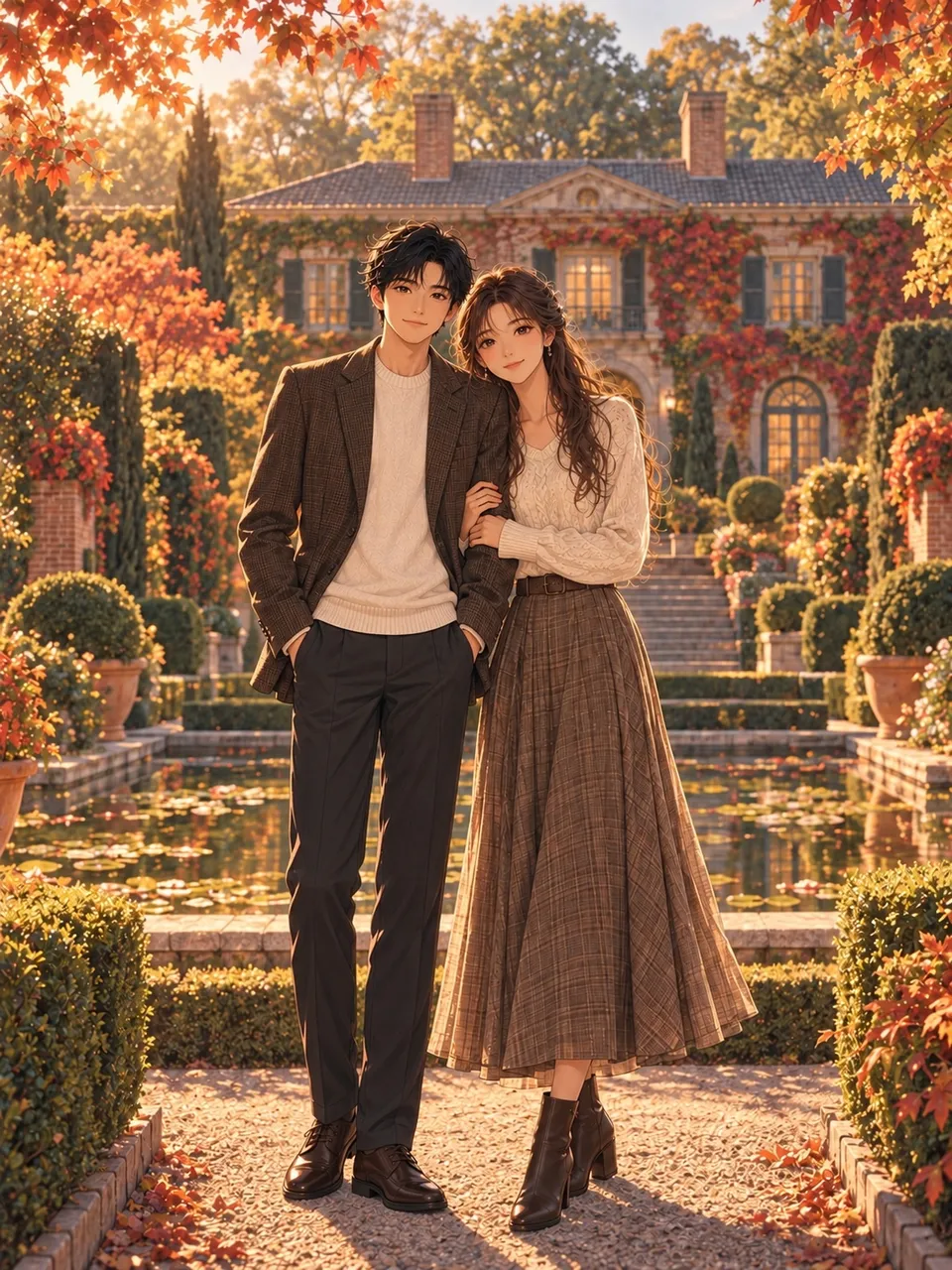 小鱼和乖乖在Filoli 花园的合影插画