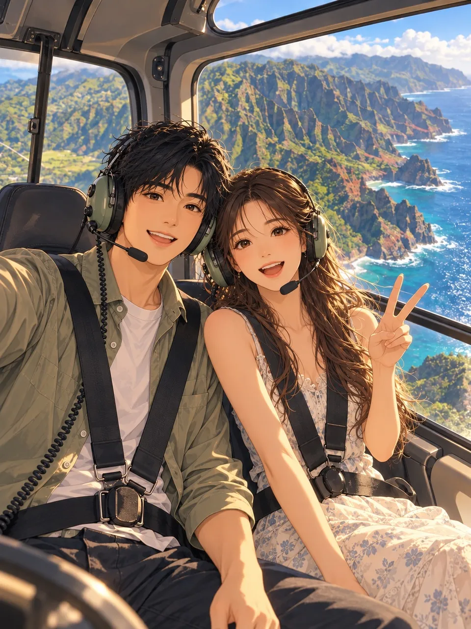 小鱼和乖乖在Kauaʻi 直升机之旅的合影插画