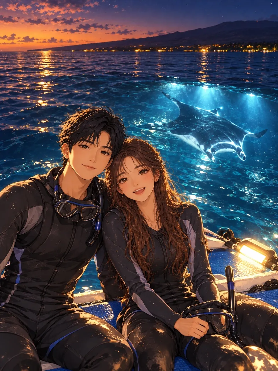 小鱼和乖乖夜间浮潜观看蝠鲼的合影插画