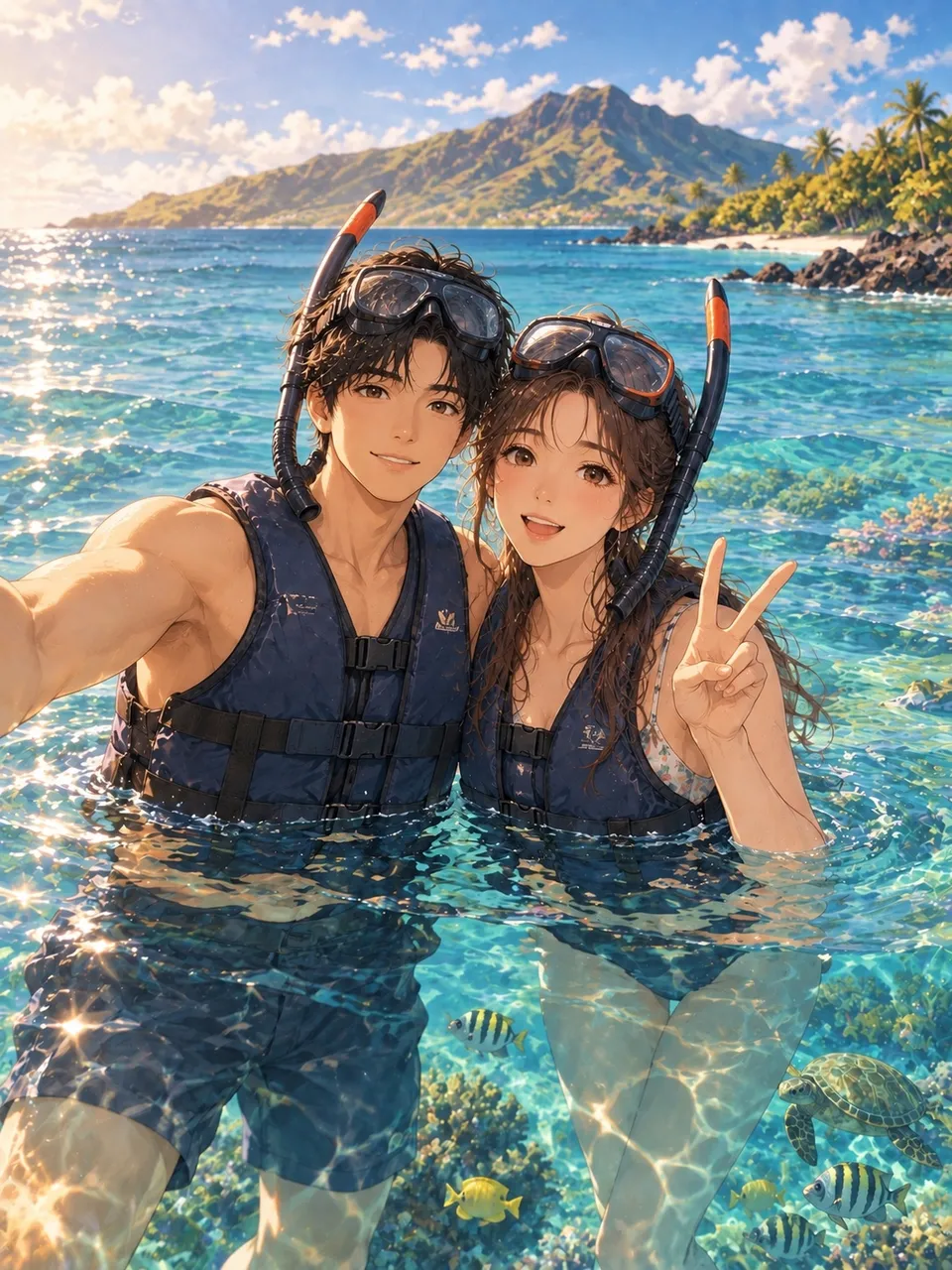 小鱼和乖乖穿着浮潜装备在Maui海边的合影插画