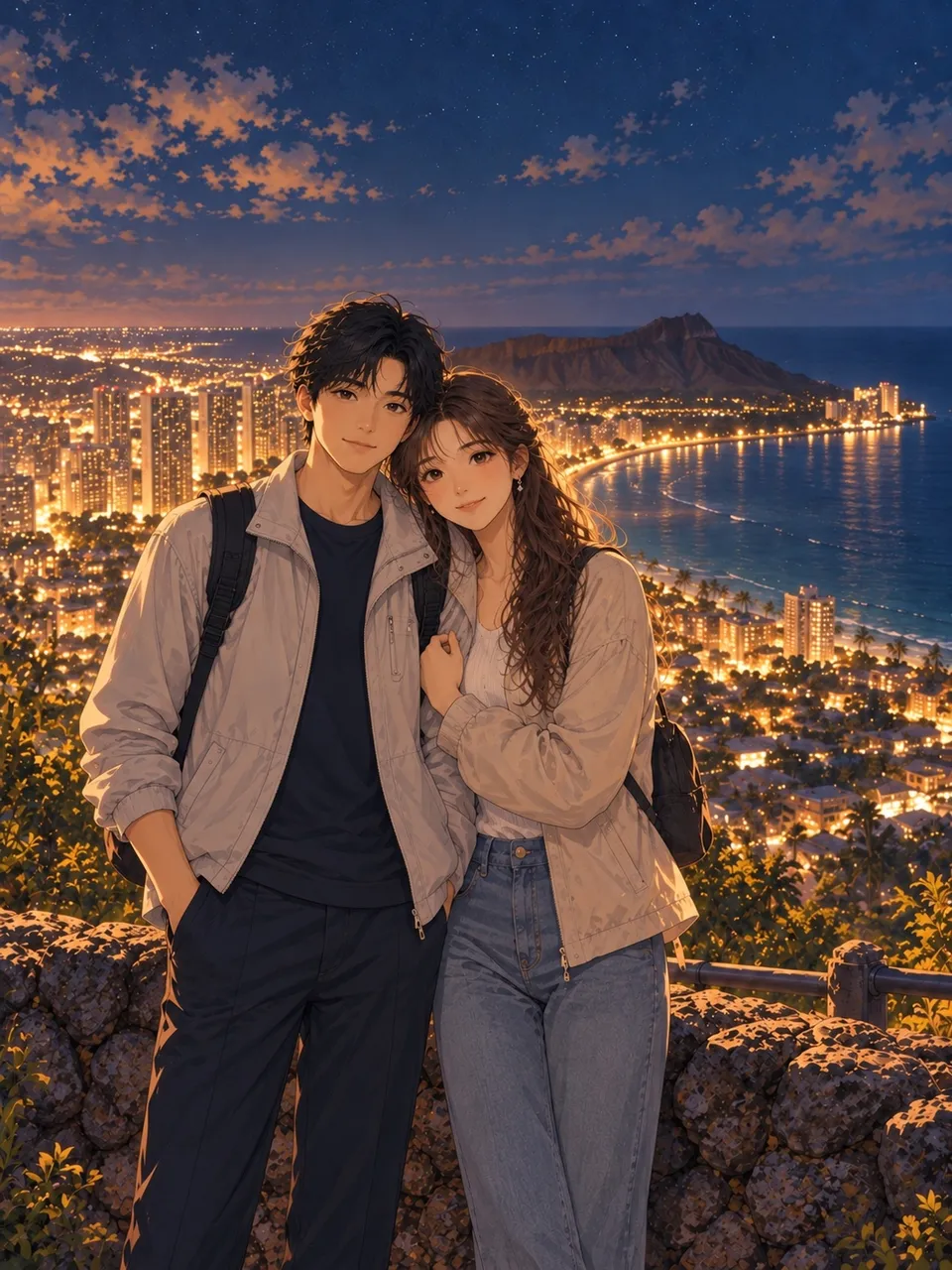 小鱼和乖乖在山顶看檀香山夜景的合影插画