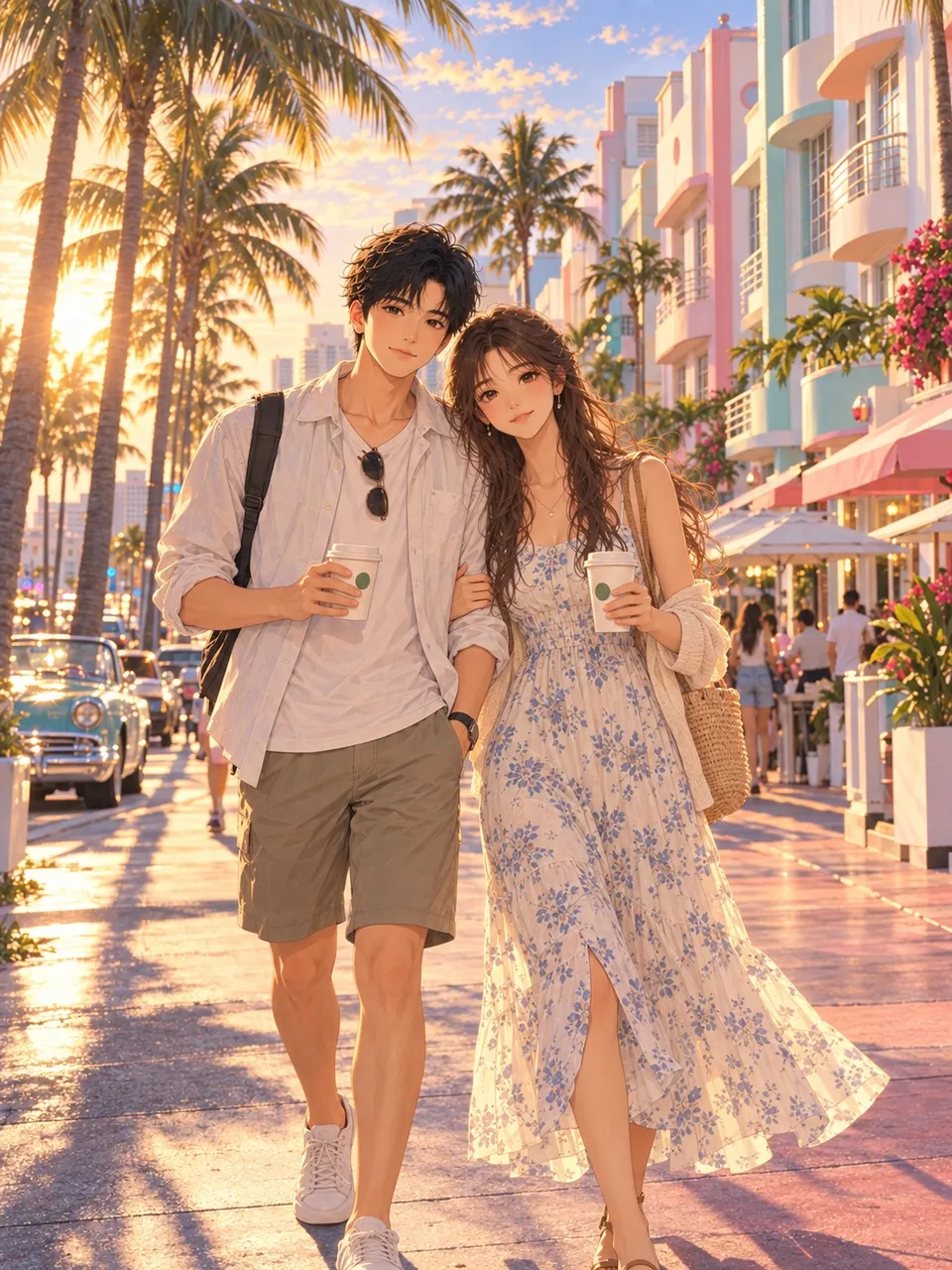 小鱼和乖乖在South Beach买咖啡散步的合影插画