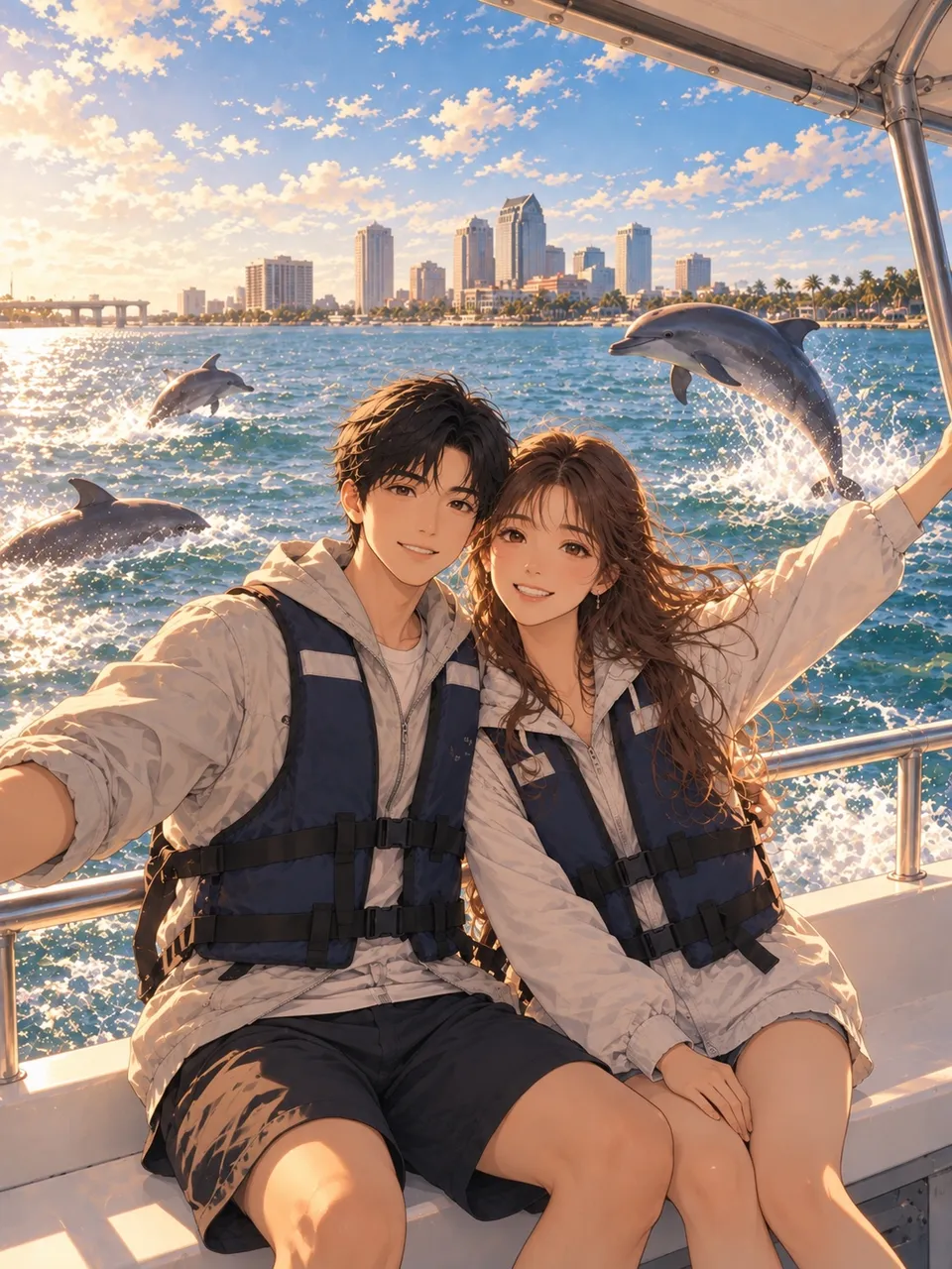 小鱼和乖乖在Tampa 出海看海豚的合影插画
