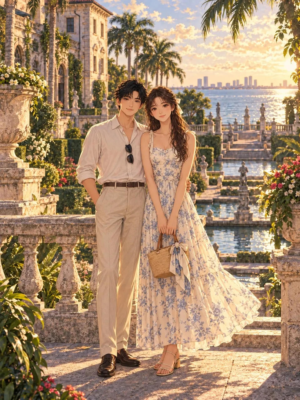 小鱼和乖乖在Vizcaya Museum &amp; Gardens的合影插画