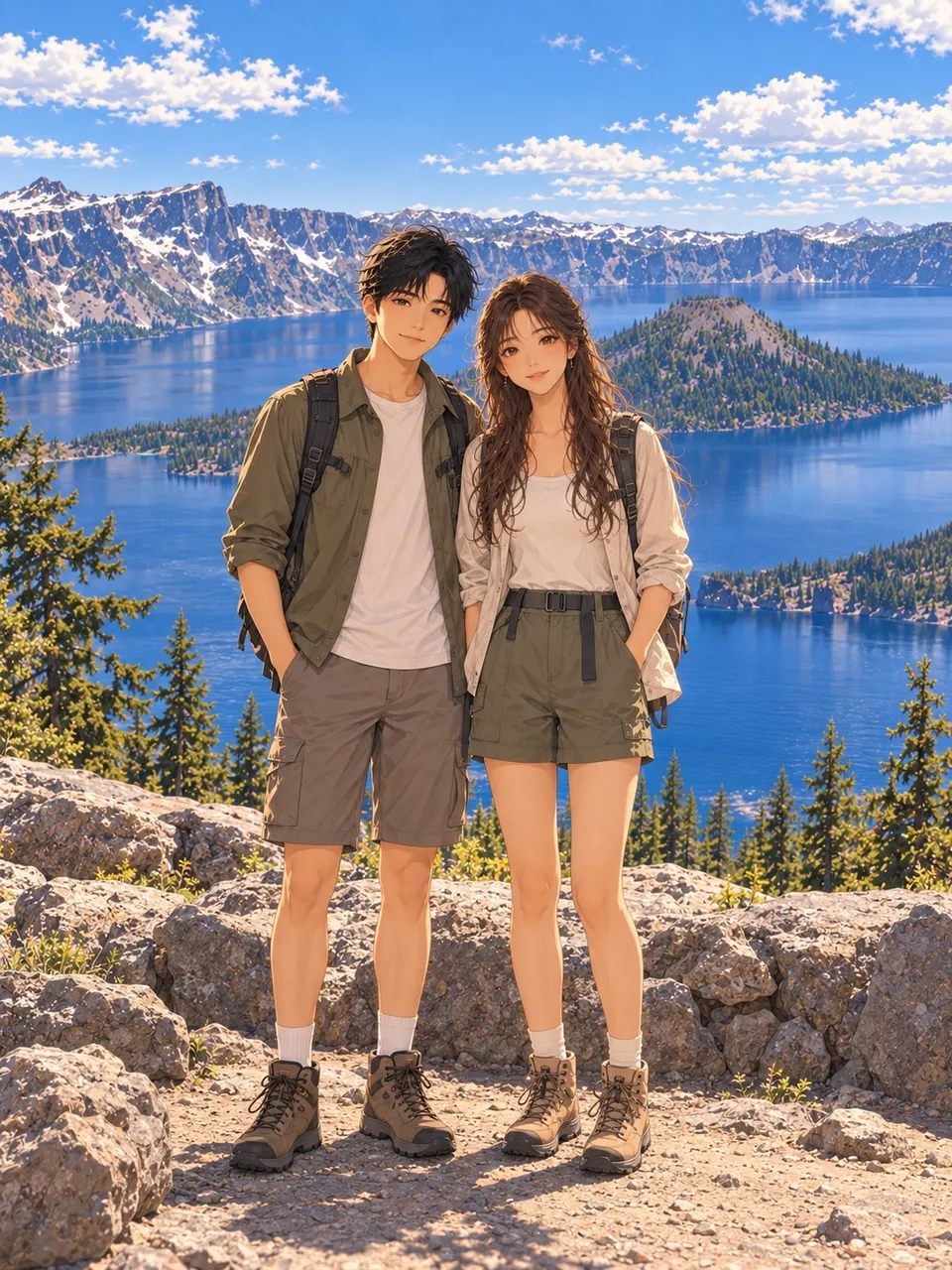 小鱼和乖乖在火山口湖边徒步后眺望深蓝色湖水的插画