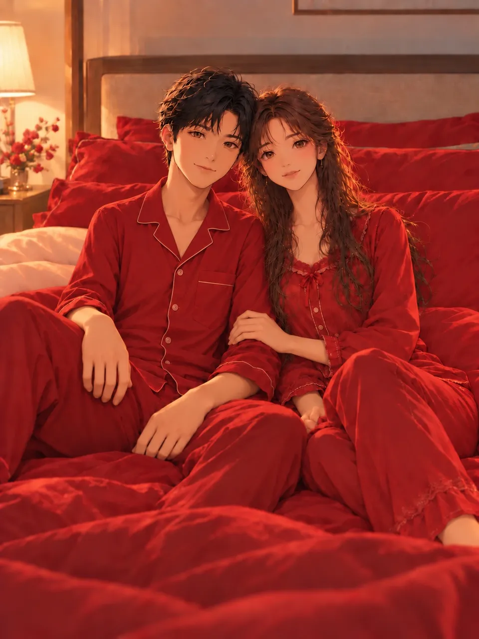 小鱼和乖乖穿红色睡衣并肩靠在家中婚床上的合影插画