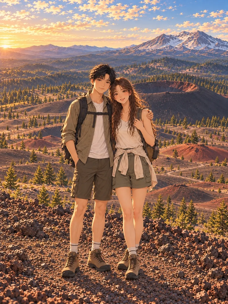 小鱼和乖乖登上 Cinder Cone 山顶并肩站立，身后近处就是火山口的插画