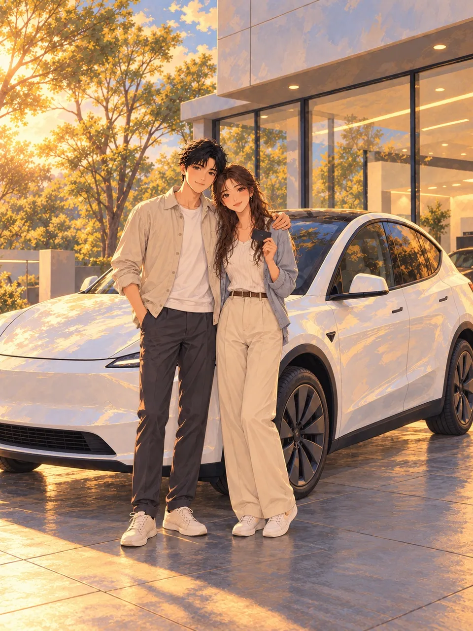 小鱼和乖乖在白色 Tesla Model Y Premium 旁庆祝提车的插画